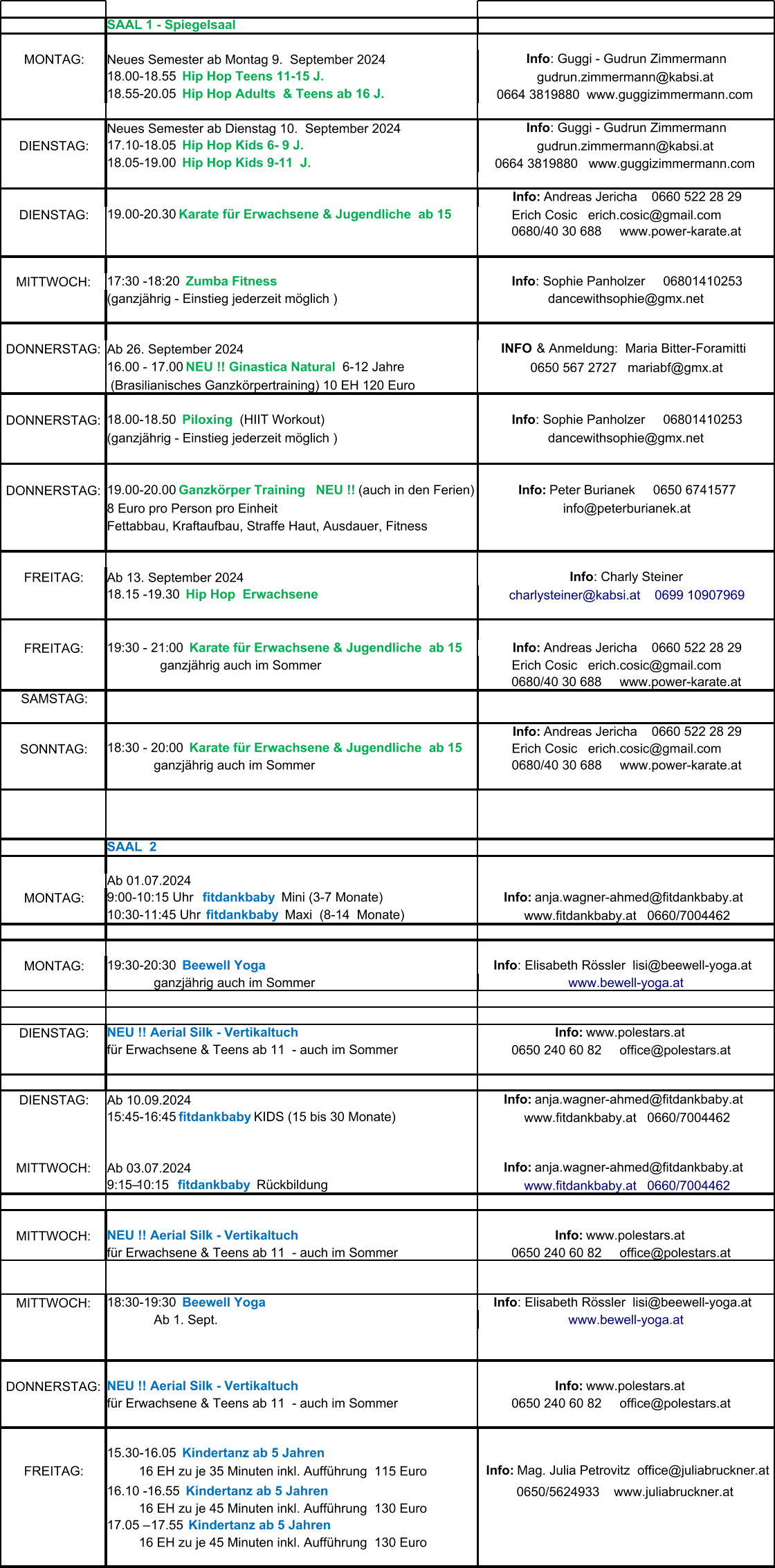 SAAL 1 - Spiegelsaal MONTAG: Neues Semester ab Montag 9.  September 2024 Neues Semester ab Dienstag 10.  September 2024 DIENSTAG: DIENSTAG: MITTWOCH: (ganzjährig - Einstieg jederzeit möglich ) DONNERSTAG: Ab 26. September 2024  (Brasilianisches Ganzkörpertraining) 10 EH 120 Euro DONNERSTAG: (ganzjährig - Einstieg jederzeit möglich ) DONNERSTAG: 8 Euro pro Person pro Einheit Fettabbau, Kraftaufbau, Straffe Haut, Ausdauer, Fitness  FREITAG: Ab 13. September 2024 FREITAG: SAMSTAG: SONNTAG:              ganzjährig auch im Sommer SAAL  2  Ab 01.07.2024 MONTAG: MONTAG:              ganzjährig auch im Sommer DIENSTAG: für Erwachsene & Teens ab 11  - auch im Sommer DIENSTAG: Ab 10.09.2024 MITTWOCH: Ab 03.07.2024 MITTWOCH: für Erwachsene & Teens ab 11  - auch im Sommer MITTWOCH:              Ab 1. Sept. DONNERSTAG: für Erwachsene & Teens ab 11  - auch im Sommer FREITAG: Info : Guggi - Gudrun Zimmermann 18.00-18.55   Hip Hop Teens 11-15 J. gudrun.zimmermann@kabsi.at 18.55-20.05   Hip Hop Adults  & Teens ab 16 J. 0664 3819880  www.guggizimmermann.com Info : Guggi - Gudrun Zimmermann 17.10-18.05   Hip Hop Kids 6- 9 J. gudrun.zimmermann@kabsi.at 18.05-19.00   Hip Hop Kids 9-11  J. 0664 3819880   www.guggizimmermann.com Info:  Andreas Jericha    0660 522 28 29 19.00-20.30 Karate für Erwachsene & Jugendliche  ab 15 Erich Cosic   erich.cosic@gmail.com      0680/40 30 688     www.power-karate.at 17:30 -18:20   Zumba Fitness  Info : Sophie Panholzer     06801410253 dancewithsophie@gmx.net INFO  & Anmeldung:  Maria Bitter-Foramitti   16.00 - 17.00  NEU !! Ginastica Natural   6-12 Jahre 0650 567 2727   mariabf@gmx.at 18.00-18.50   Piloxing   (HIIT Workout) Info : Sophie Panholzer     06801410253 dancewithsophie@gmx.net 19.00-20.00  Ganzkörper Training NEU !!  (auch in den Ferien) Info:  Peter Burianek     0650 6741577 info@peterburianek.at Info : Charly Steiner 18.15 -19.30   Hip Hop  Erwachsene charlysteiner@kabsi.at    0699 10907969 19:30 - 21:00   Karate für Erwachsene & Jugendliche  ab 15 Info:  Andreas Jericha    0660 522 28 29 ganzjährig auch im Sommer Erich Cosic   erich.cosic@gmail.com      0680/40 30 688     www.power-karate.at Info:  Andreas Jericha    0660 522 28 29 18:30 - 20:00   Karate für Erwachsene & Jugendliche  ab 15   Erich Cosic   erich.cosic@gmail.com      0680/40 30 688     www.power-karate.at 9:00-10:15 Uhr    fitdankbaby  Mini (3-7 Monate) Info:  anja.wagner-ahmed@fitdankbaby.at    10:30-11:45 Uhr   fitdankbaby  Maxi  (8-14  Monate) www.fitdankbaby.at   0660/7004462 19:30-20:30   Beewell Yoga Info : Elisabeth Rössler  lisi@beewell-yoga.at   www.bewell-yoga.at NEU !! Aerial Silk - Vertikaltuch  Info:  www.polestars.at    0650 240 60 82     office@polestars.at    Info:  anja.wagner-ahmed@fitdankbaby.at    15:45-16:45  fitdankbaby KIDS (15 bis 30 Monate) www.fitdankbaby.at   0660/7004462 Info:  anja.wagner-ahmed@fitdankbaby.at    9:15–10:15   fitdankbaby   Rückbildung www.fitdankbaby.at   0660/7004462 NEU !! Aerial Silk - Vertikaltuch  Info:  www.polestars.at    0650 240 60 82     office@polestars.at    18:30-19:30   Beewell Yoga Info : Elisabeth Rössler  lisi@beewell-yoga.at   www.bewell-yoga.at NEU !! Aerial Silk - Vertikaltuch  Info:  www.polestars.at    0650 240 60 82     office@polestars.at    15.30-16.05  Kindertanz ab 5 Jahren  16 EH zu je 35 Minuten inkl. Aufführung  115 Euro Info:  Mag. Julia Petrovitz  office@juliabruckner.at 16.10 -16.55  Kindertanz ab 5 Jahren  0650/5624933    www.juliabruckner.at  16 EH zu je 45 Minuten inkl. Aufführung  130 Euro 17.05 – 17.55  Kindertanz ab 5 Jahren  16 EH zu je 45 Minuten inkl. Aufführung  130 Euro